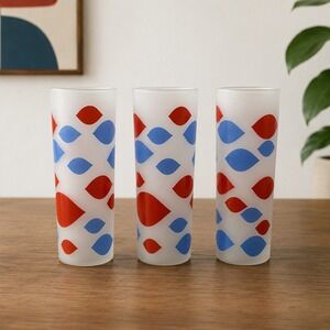 Vintage Dairy Queen Frosted Highball Glasses Red Blue Teardrop Set of 3